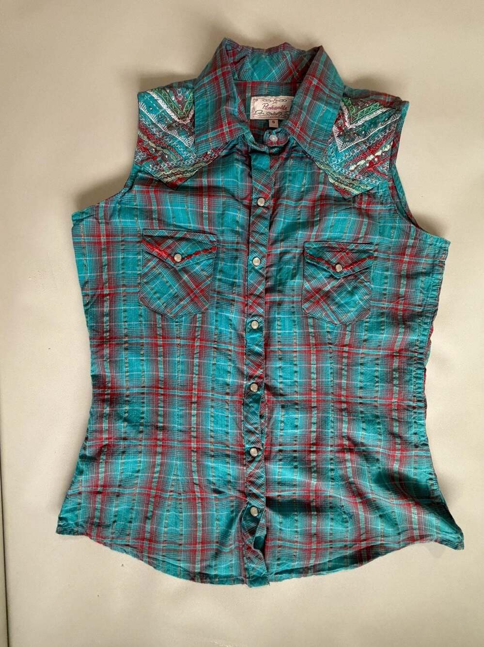 Panhandle Slim Size S Turquoise Plaid Sleeveless Western Snap Shirt